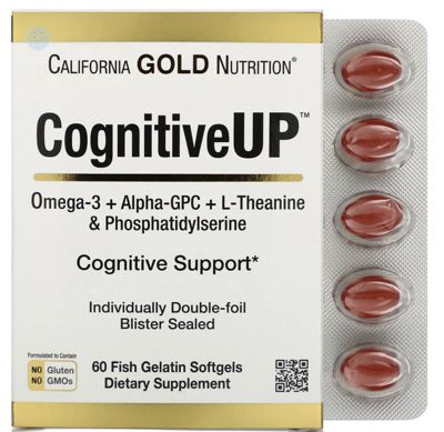 California Gold Nutrition, CognitiveUP, омега-3 жирні кислоти, альфа-ГФК, теанин і фосфатіділсерін, 60 мяких