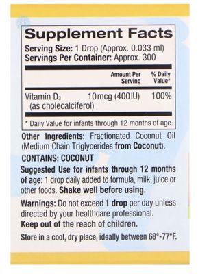 California Gold Nutrition, Витамин D3 в каплях для детей, 400 МЕ, 10 мл (0,34 жидк. Унции)