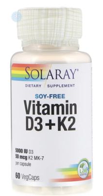 Solaray, Вітамін D3 + K2, без сої, 60 капсул з оболонкою з інгредієнтів рослинного походження